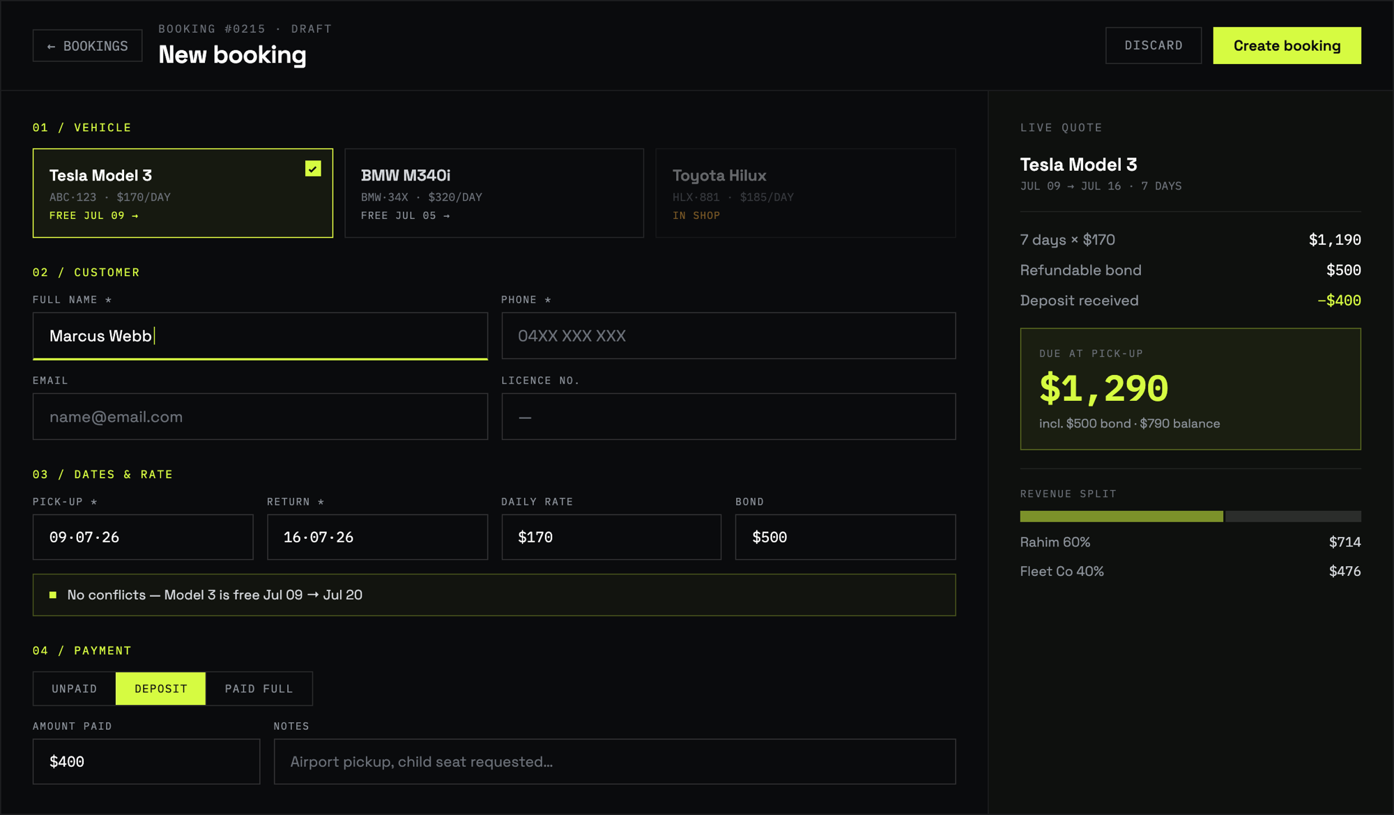 Rental fleet booking dashboard with vehicle selection, customer details and a live price quote